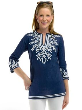 100% cotton Gretchen Scott Navy Embroidered Split-Neck Tunic
